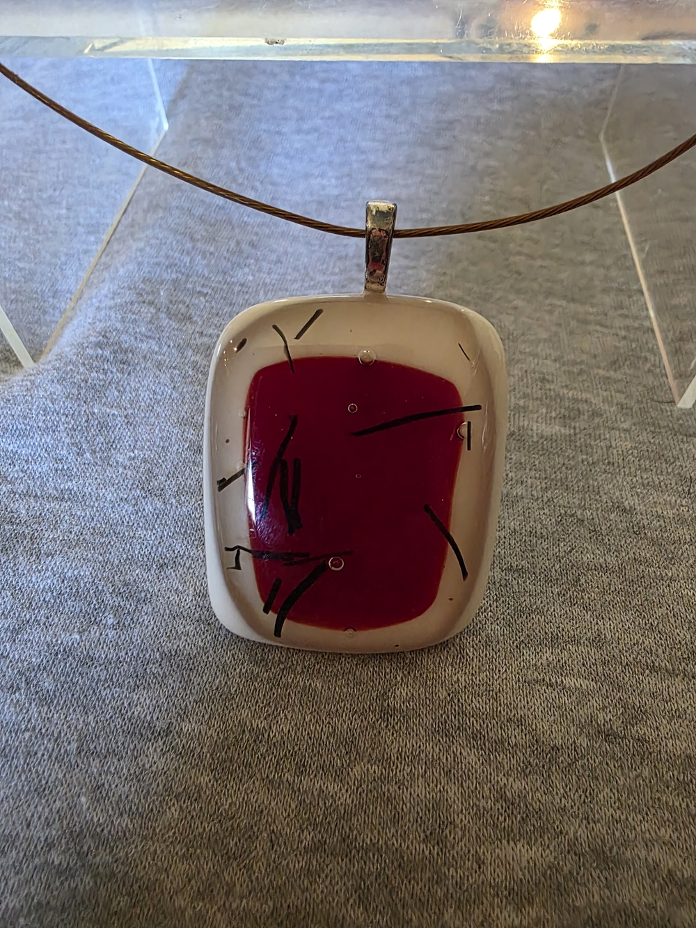 Modern Fused Glass Pendant in Red and Cream